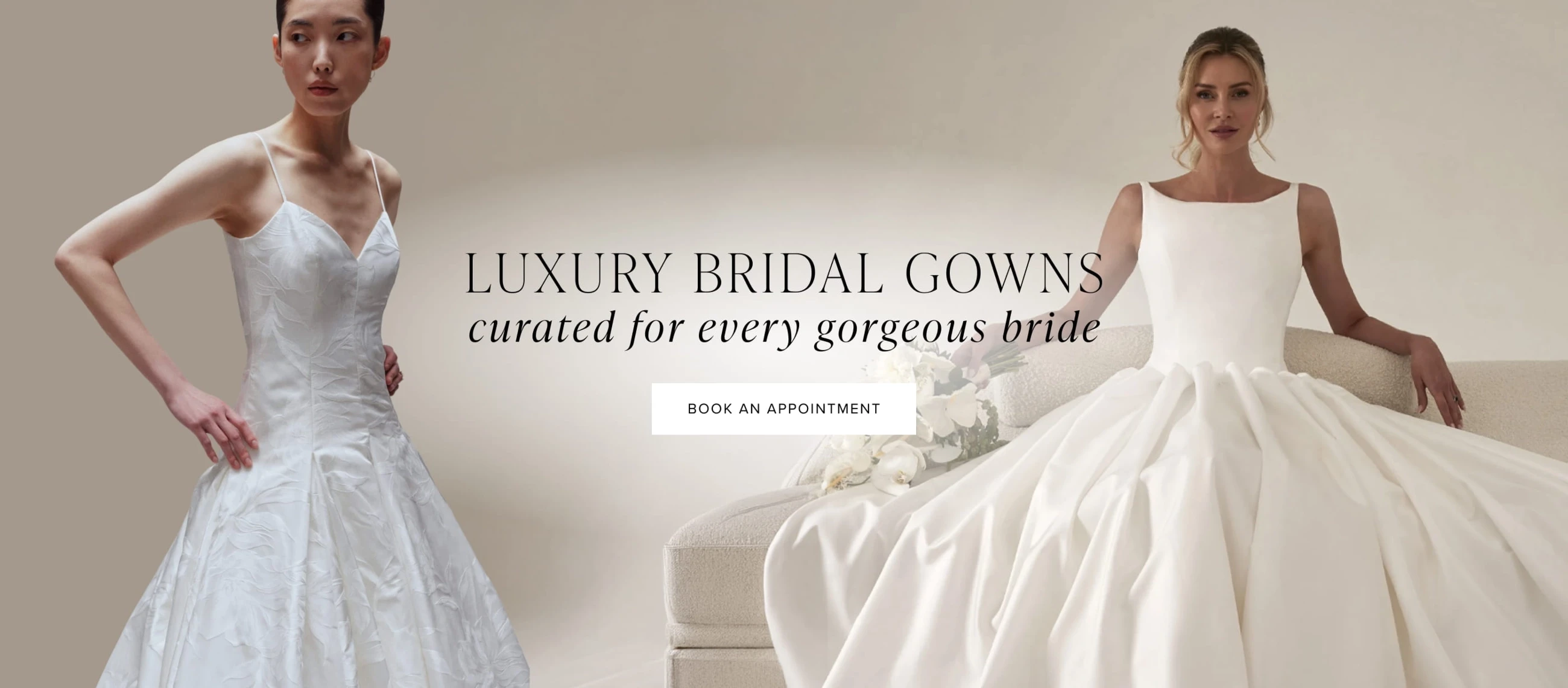 Models wearing luxurious bridal gowns, desktop banner