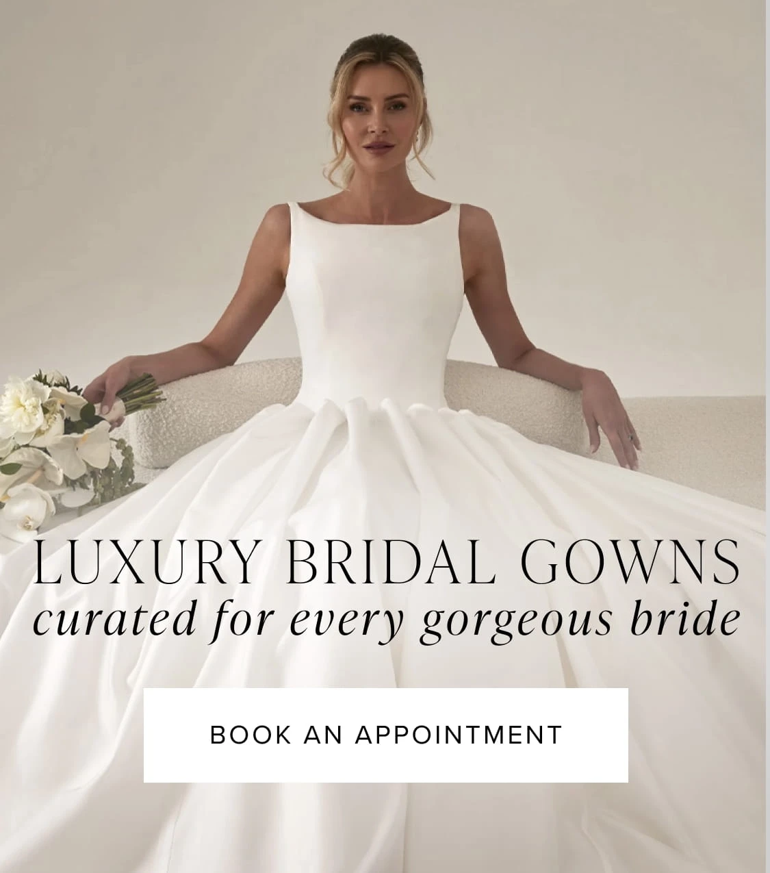 Model wearing luxurious bridal gown, mobile banner