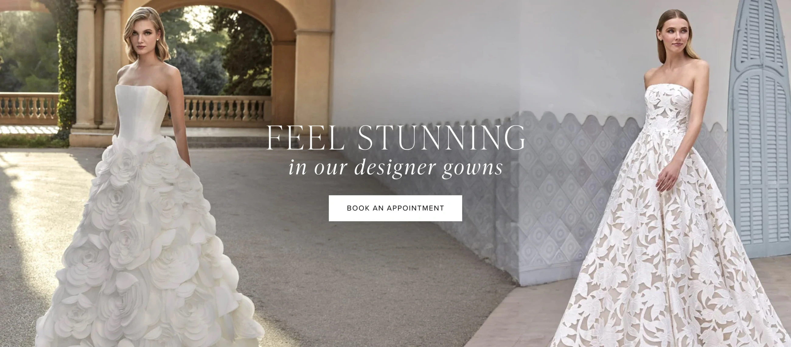 Models wearing Privee by Pronovias bridal gowns, desktop banner