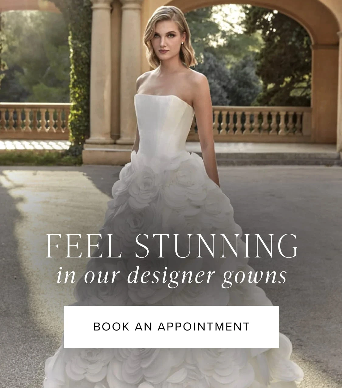 Model wearing Privee by Pronovias bridal gowns, mobile banner